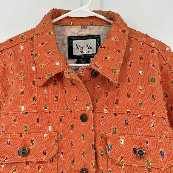 Via Via Couture Denim Jacket XL Orange Trucker Embroidered Textured Boho Retro - Picture 2 of 12